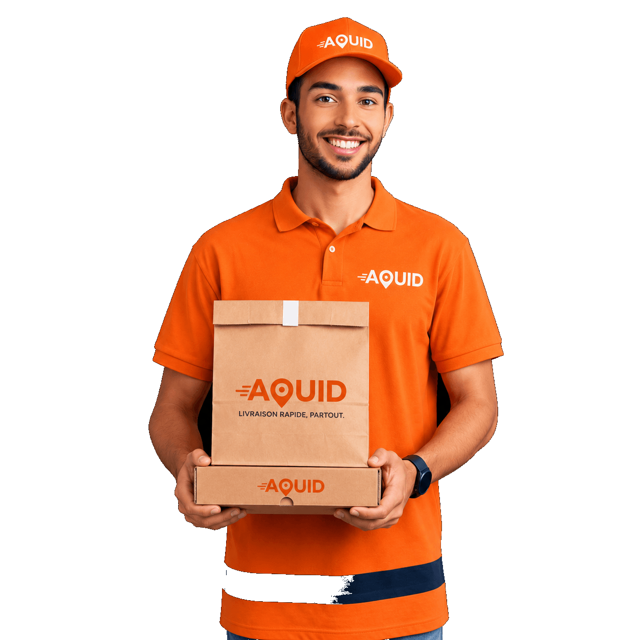Smiling AOUID courier holding packages ready for delivery